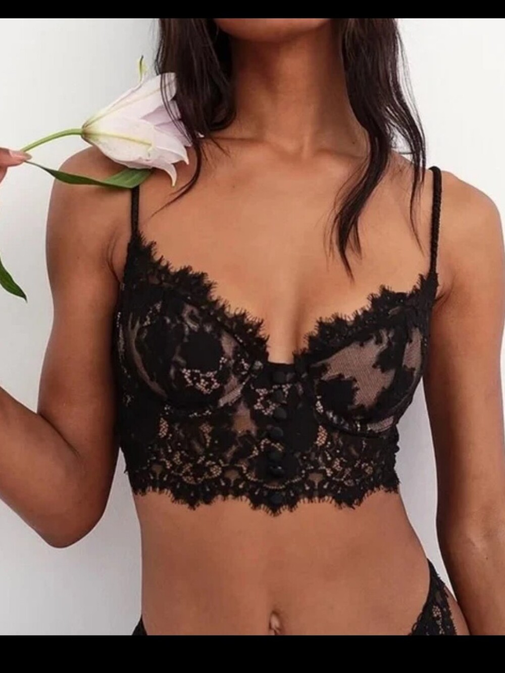 For Love And Lemons Black Underwire Chantilly Eyelash Lace Bra XS Button Panel